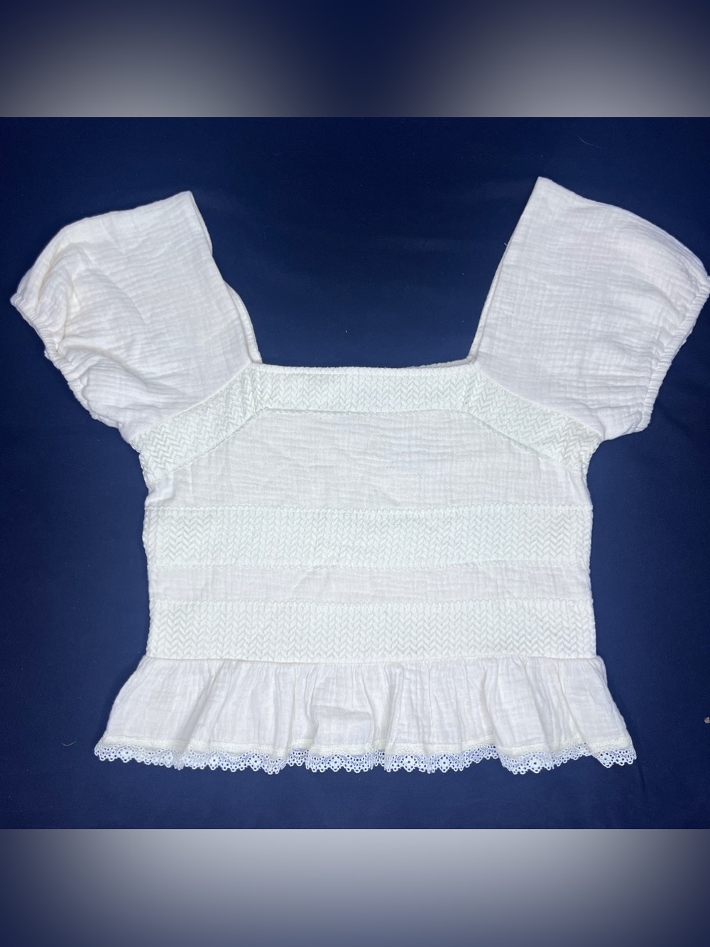 Smocked Square-Neck Puff Sleeve Peplum Top Size Medium